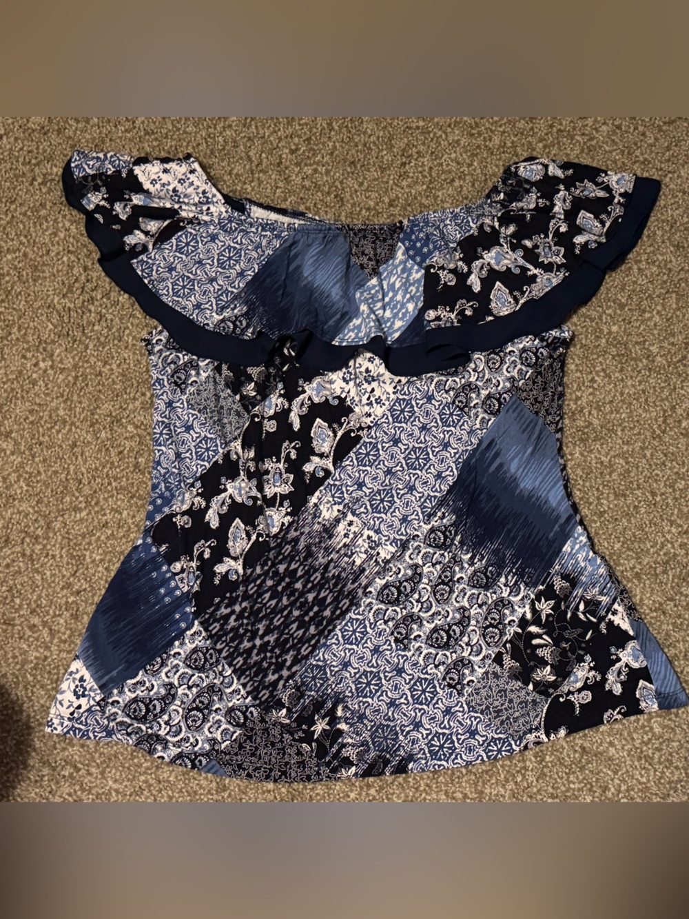 Blue Patterned Women's Cap Sleeve Top